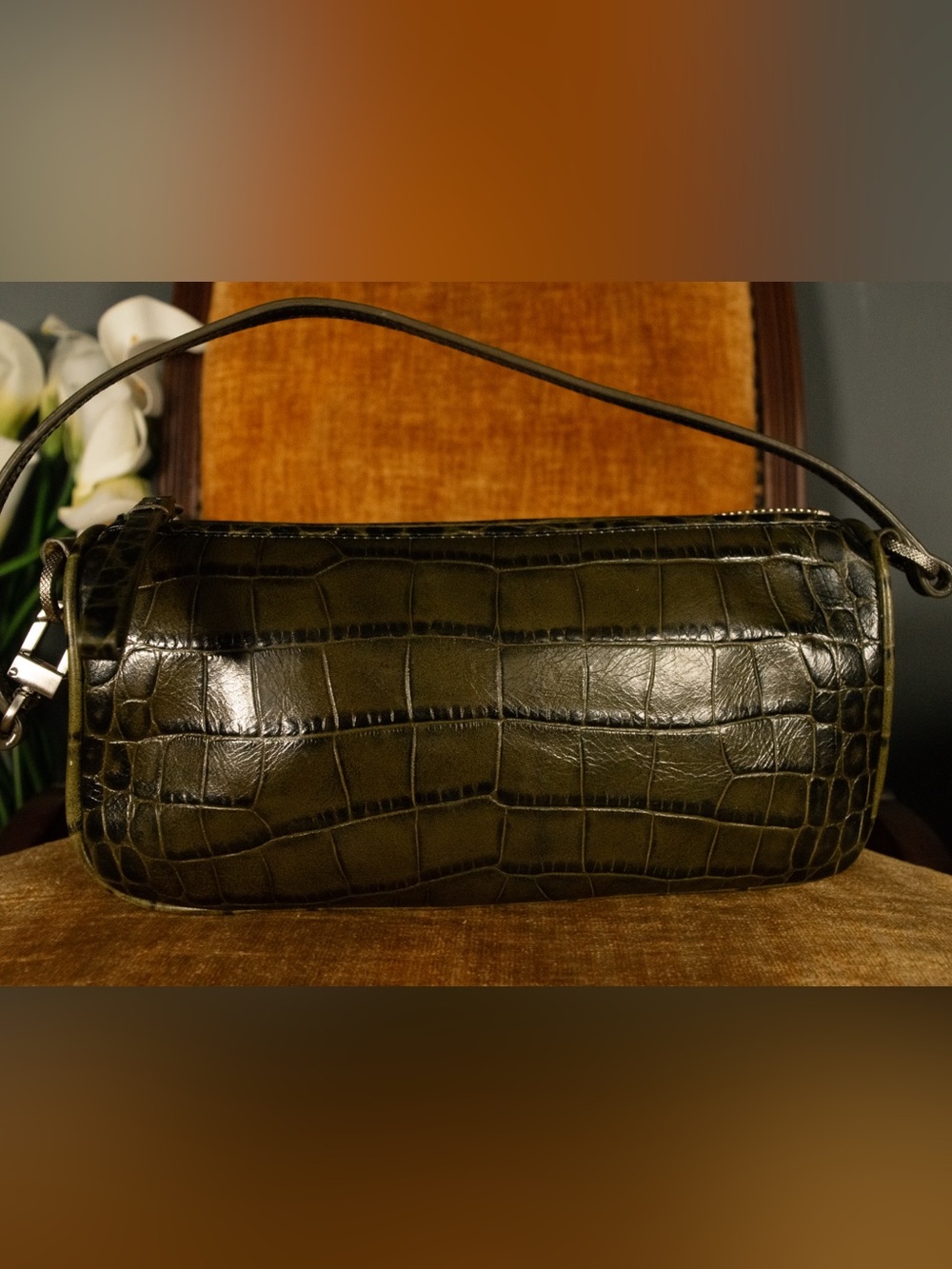 Vintage Ann Taylor Olive Green Croc Mini Baguette Barrel Bag